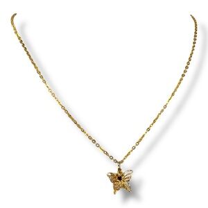 Vintage Gold Butterfly Necklace Red Center Gem Gift 90s Era